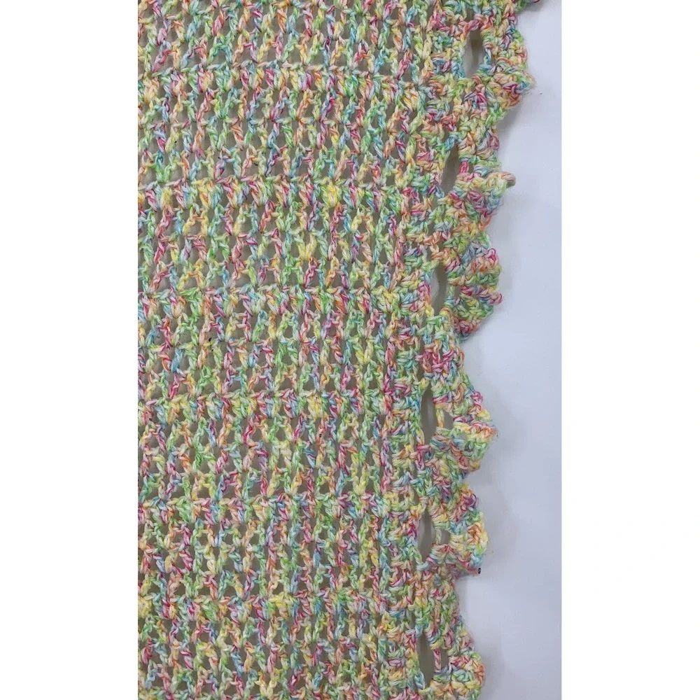 Vintage Hand Crochet Knit Afghan Blanket Scalloped Edges Rainbow 48